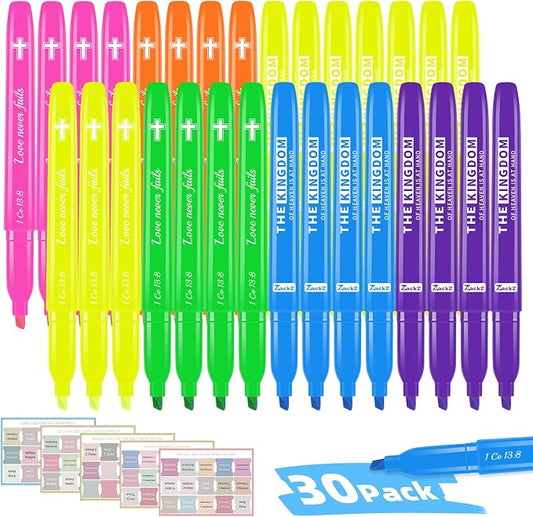 7-ackz Bible Highlighters Assorted Colors with Verses, Chisel Tip Colored Highlighter Markers Bulk Fluorescent, Dry Quick Bright Colors, Perfect for Bible Study Journaling, 6 Candy Color 30 Pack