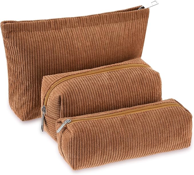 Huhumy 3 Pcs Makeup Bag Set for Women Corduroy Cosmetic Pouch Aesthetic Smile Travel Toiletry Bag Cute Purse Pouch Pencil Case Makeup Brushes Storage Organizer with Zipper(Brown,Solid Style)