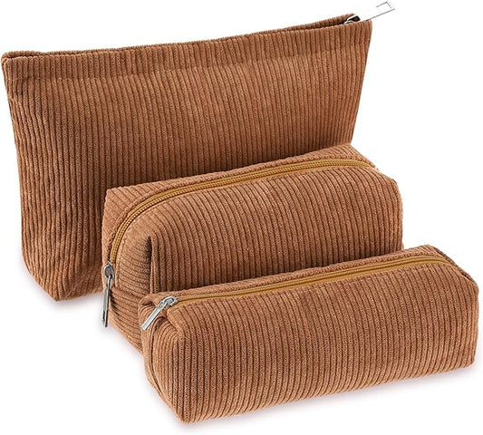 Huhumy 3 Pcs Makeup Bag Set for Women Corduroy Cosmetic Pouch Aesthetic Smile Travel Toiletry Bag Cute Purse Pouch Pencil Case Makeup Brushes Storage Organizer with Zipper(Brown,Solid Style)