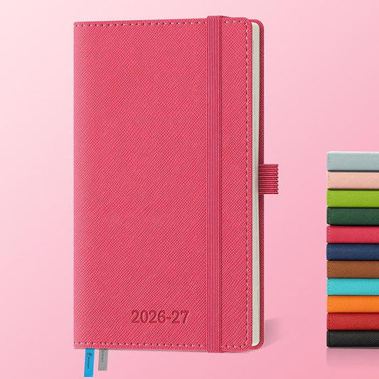 Weekly Monthly 2026-2027 Planner (July 26-Dec 27),6.5"x3.75",18 Months Agenda Plan with Month Tabs & Pocket,Expenses/Note Pages, Academic Calendar with Vegan Leather Cover,Rose Red