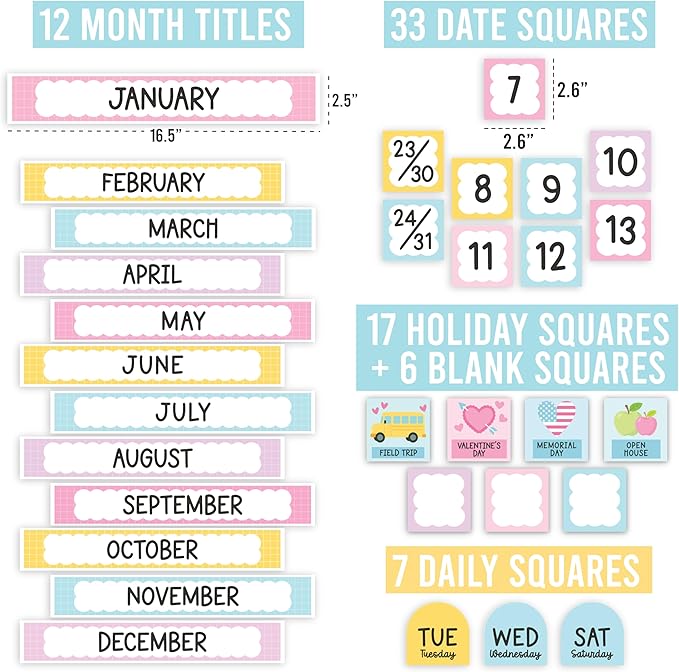 Classroom Calendar Set Bulletin Board Decor – 98 pcs School Calendar for Classroom Elementary & Preschool, Bulletin Board Decorations with Weather Chart & Seasons, Pastel Teacher Must Haves