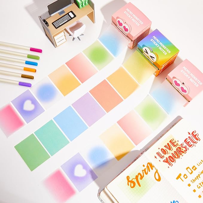 Monster Sticky Notes – Glittery Semi-Transparent Full-Adhesive Sticker Notes with Cute Monster Box, 105 Sheets for School Supplies, Office Products, Journaling, Scrapbooking & Labels （Rainbow）