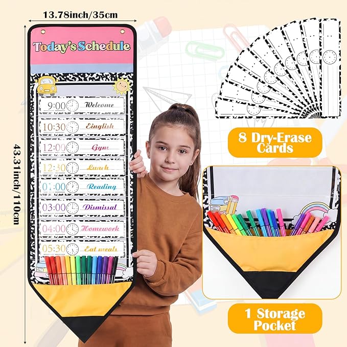 Marspark Daily Schedule Pocket Chart 8+1 Classroom Visual Schedule with Dry Eraser Card Reusable Reversible Chart Welcome Back to School Decorations for Classroom Home Office School Activity