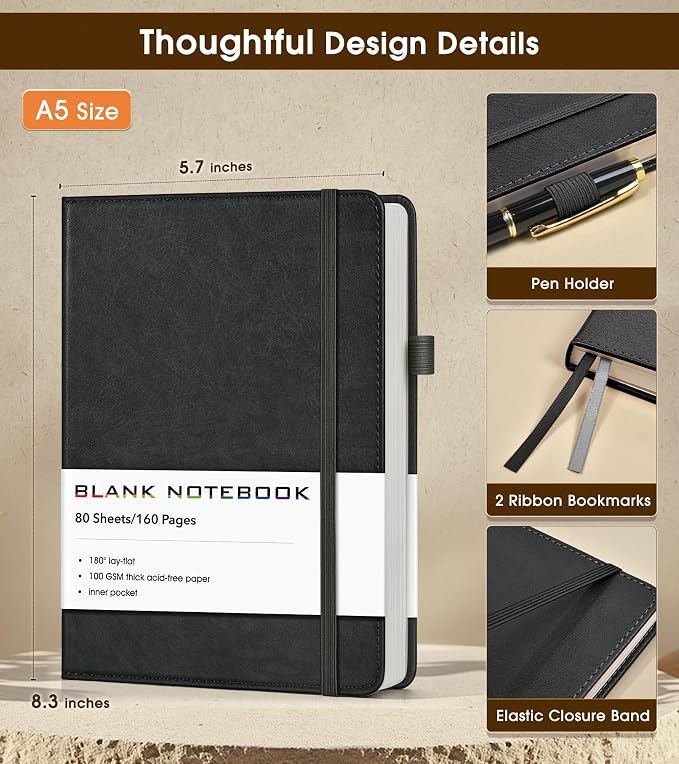 Journal Notebook, A5 Leather Hardcover Blank Sketchbook, 160 Pages, 180° Lay-Flat Binding, 100 GSM Thick Paper, for Sketching, Drawing, Art Journaling & Creative Writing (Black)