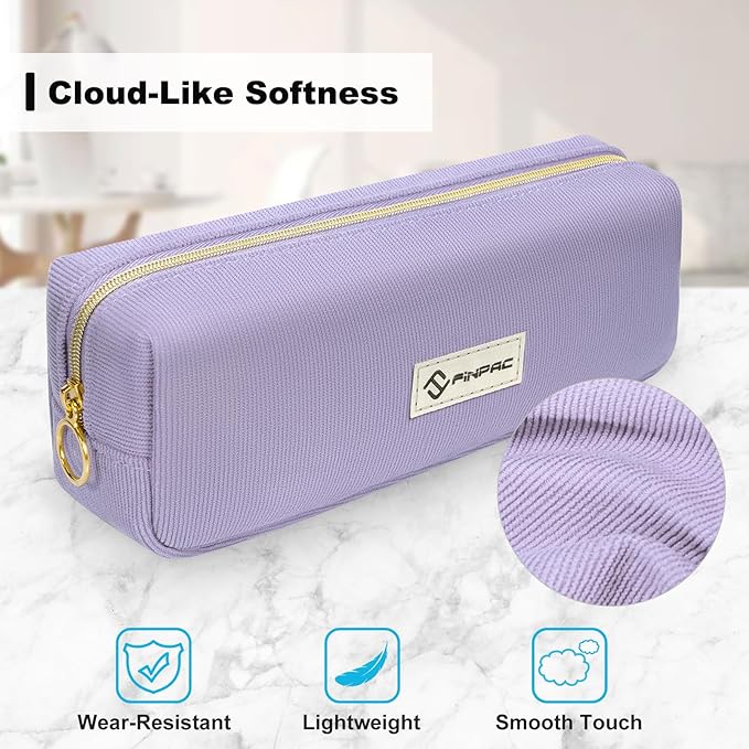 FINPAC Pencil Case, Corduroy Aesthetic Makeup Bag, Cute Kawaii Pen Bag Pouch Holder Box Organize for Study, Office, or Travel (Purple)