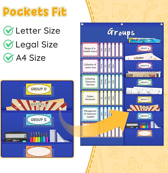 AKAYOK Small Group Pocket Chart with 84 Colorful Dry Erase Cards, Classroom Jobs Chart with 6 Pocket Wall Hanging File Folder, Pocket Chart for Classroom,Office,Home, Small Group Classroom Must Haves