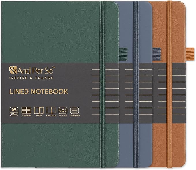 &And Per Se Lined Notebooks 3-Pack Gift Set, A5 Hardcover Journals, 160 Pages 100gsm Thick Paper, 3 Assorted Colors (Brown, Blue, Green) – Gift for Men