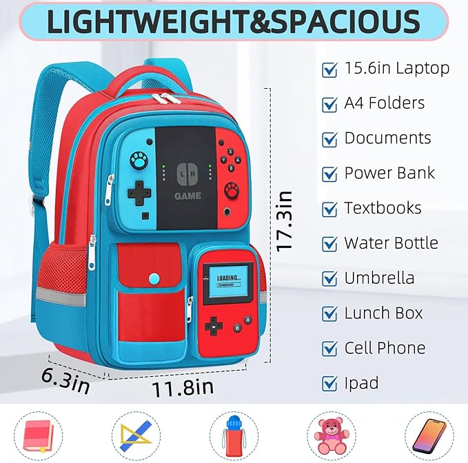 TILYTADLY School Backpack for Boys - Gamer Boys Backpack for Kids Children Elementary Middle School - Students Bag for Ages 6-18,17″ Video Game Bookbag Travel Back Pack