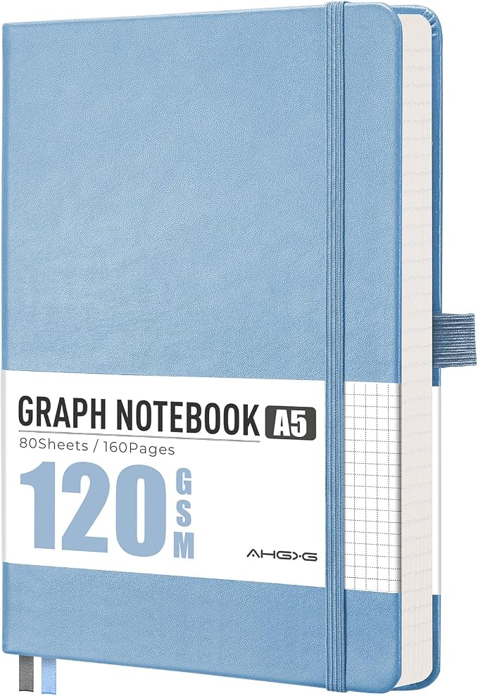 AHGXG Graph Grid Paper Notebook, 160 Pages, A5 Medium Size (5.7'' x 8.3'')