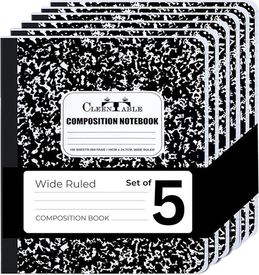 CLEENTABLE Composition Notebook 5 Pack, Wide Ruled Paper, Marble Cover Notebooks for School, 9.75 x 7.5 Inches, 100 Sheets (200 Pages), Sewn Binding Comp Books, Black