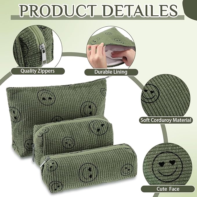 Huhumy 3 Pcs Makeup Bag Set for Women Corduroy Cosmetic Pouch Aesthetic Smile Travel Toiletry Bag Cute Purse Pouch Pencil Case Makeup Brushes Storage Organizer with Zipper(Army Green,Smile Face)