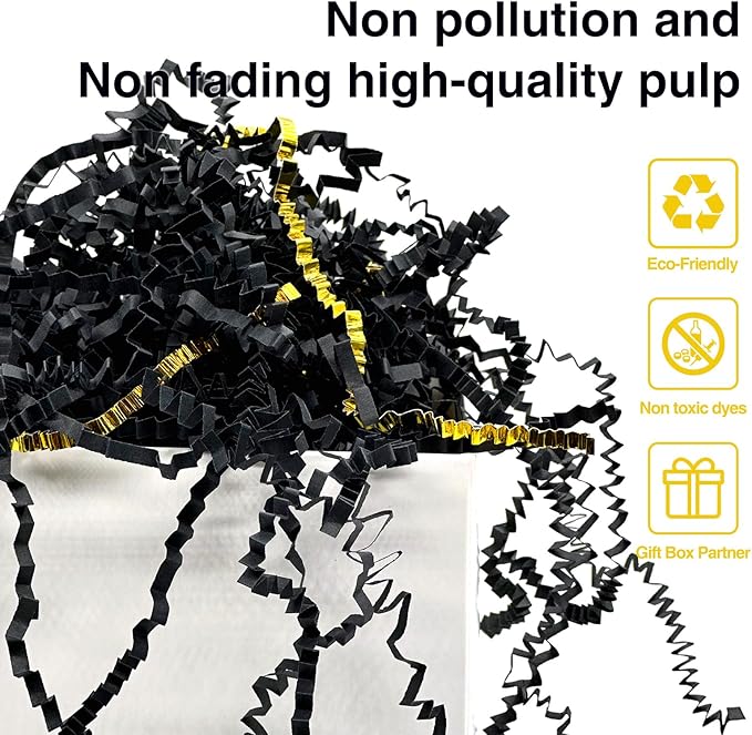 1LB Crinkle Cut Paper Shred Filler for Gift Box Bag and Basket On Holidays(Black&Gold)
