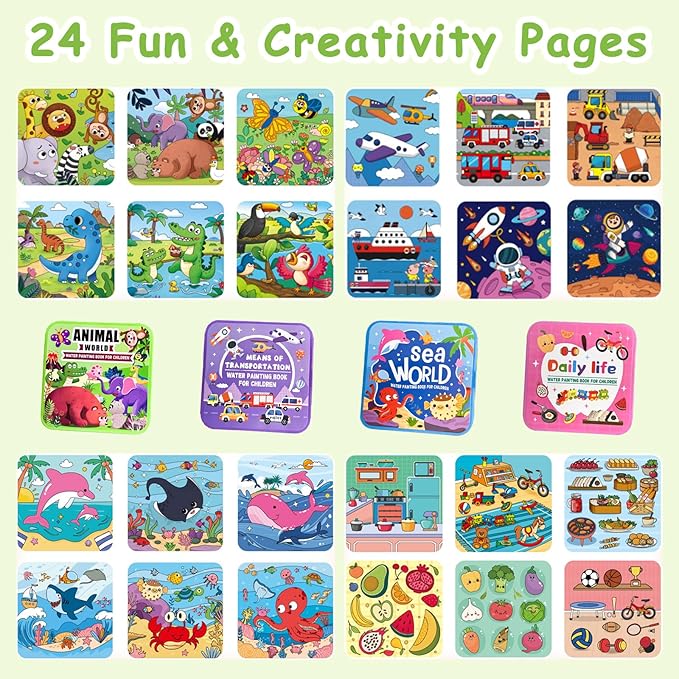 SEP SHIZHI 4 Pack Reusable Water Painting Books for Kids, 24 Painting Pages Magic Water Coloring Book, Water Doodle Book Toy, Mess Free Paint Coloring for Toddlers Ages 3+, Fun Travel Activity Toys