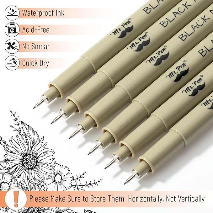Mr. Pen- 0.25mm Micro Fine Point Pens, 6 Pack, Black Ink, Ultra Fine Point, Waterproof, Acid-Free, No-Smear Quick-Dry Fineliner Pens for Drawing, Sketching, Journaling, Outlines & Everyday Writing