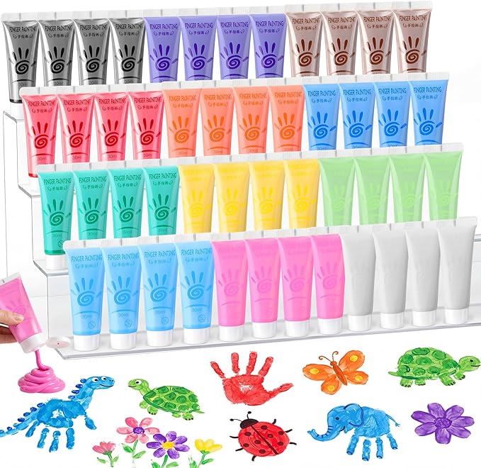 48 Pcs Washable Finger Paint Set for Kids Ages 3-12, Non-toxic Baby Safe Paint 12 Colors (1 Fl oz Each), Hand and Feet Painting Art Supplies, Preschool Learning Activities Gifts for Kids