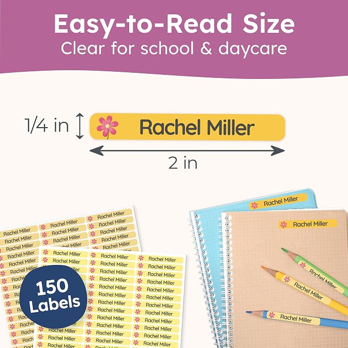 Personalized Kids Name Labels for Pencils Yellow [150pcs] - Waterproof Name Stickers for School & Daycare - Pencil Custom Name Stickers - Children Name Stick On Labels for Pens (2.0”x0.3”)