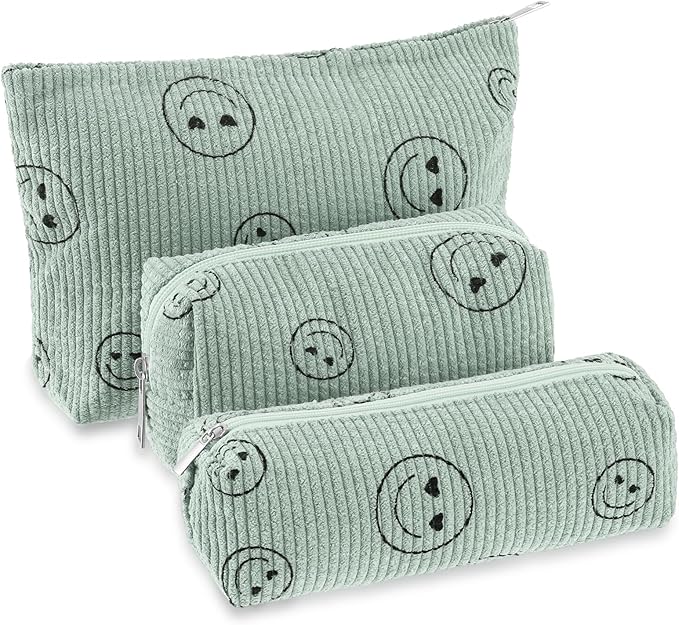 Huhumy 3 Pcs Makeup Bag Set for Women Corduroy Cosmetic Pouch Aesthetic Smile Travel Toiletry Bag Cute Purse Pouch Pencil Case Makeup Brushes Storage Organizer with Zipper(Green,Smile Face)