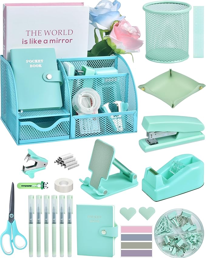 Green and Blue Desk Accessories, 26Pcs Office Supplies and Desk Organizers, with Tape Dispenser, Stapler, Staple Remover, Ect,Christmas Gifts