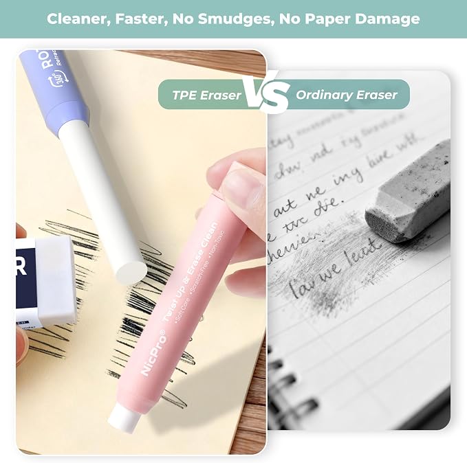 Nicpro 6 Pack Rotary Retractable Erasers, Soft TPE Rubber Twist Eraser