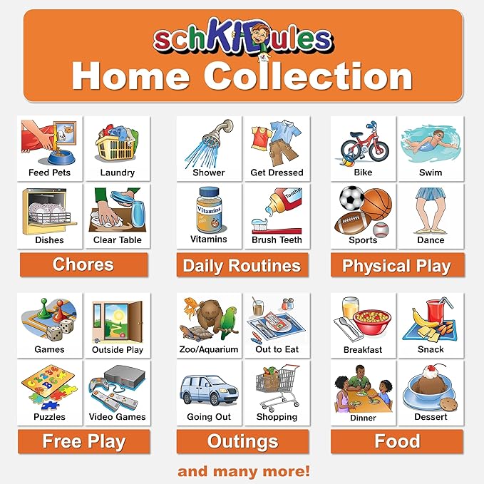 SchKIDules Visual Schedules for Kids 93 Pc Home Collection for Daily Routines: 72 Picture Magnets +21 Headings for Children, ADHD & Visual Learners