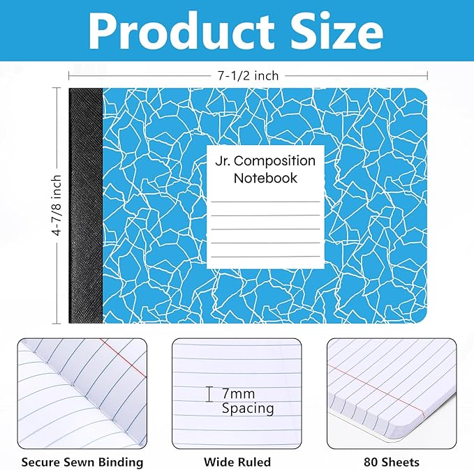 Resurhang 72 Pcs Jr. Composition Notebooks Colored Marble Half Size 4-7/8 x 7-1/2 Inches Composition Notebook 80 Sheet Marble Wide Ruled Assorted Primary Cover Notepad Bulk (Multicolor)