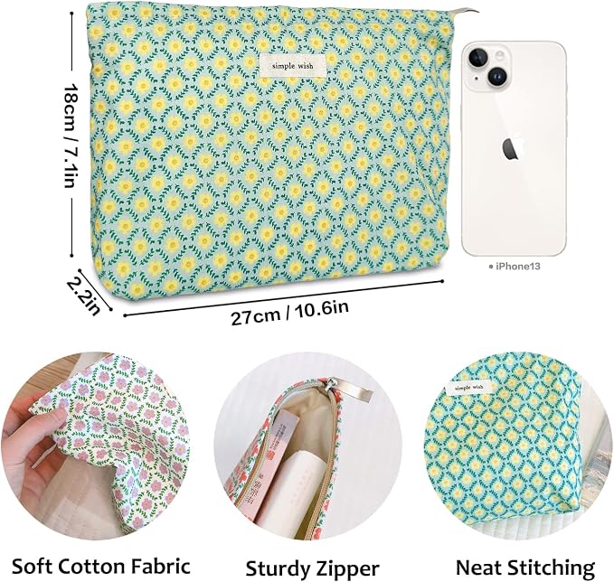 STARDW Aesthetic Floral Makeup Bag Cute Small Cosmetic Bags for Women Girls, Travel Toiletry Bag Large Capacity Zipper Makeup Pouch, Purse Organizer Pouches (Yellow Floral)