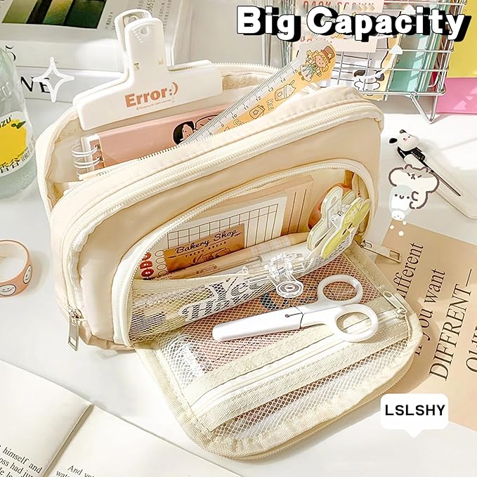 LSLSHY Big Capacity Pencil Case Large Three-ply Zipper Pen Pouch Office School Stationery Supplies for Teen Girls Boys Students (Beige)