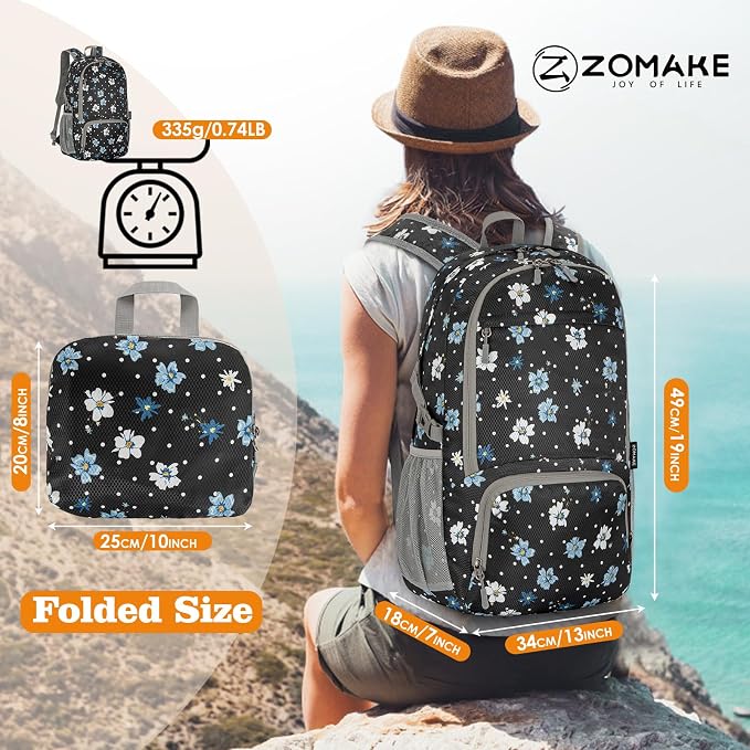 ZOMAKE Lightweight Packable Backpack 30L, Foldable Travel Hiking Daypack | Water Resistant Collapsible Backpacks, Folding Day Pack for Outdoor Camping Sport, Everyday Carry(Black,Floral pattern)