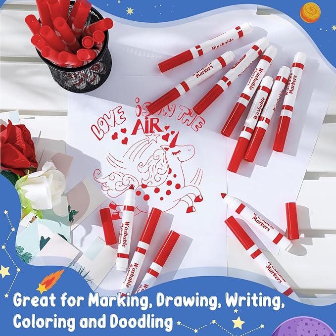 60 Pcs Red Washable Markers Bulk Coloring Broad Line Markers for Kids Conical Tip Red Drawing Pens for Classroom Back to School Travel Art Baby Shower Gender Reveal Supplies, Ages 6+