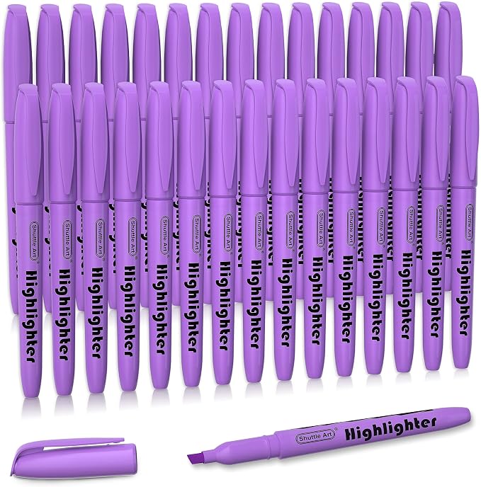 Shuttle Art Highlighters, 30 Pack Purple Highlighter Pen Bright Colors, Chisel Tip Dry-Quickly Non-Toxic Highlighter Markers for Adults Teachers Students Highlighting in Home School Office