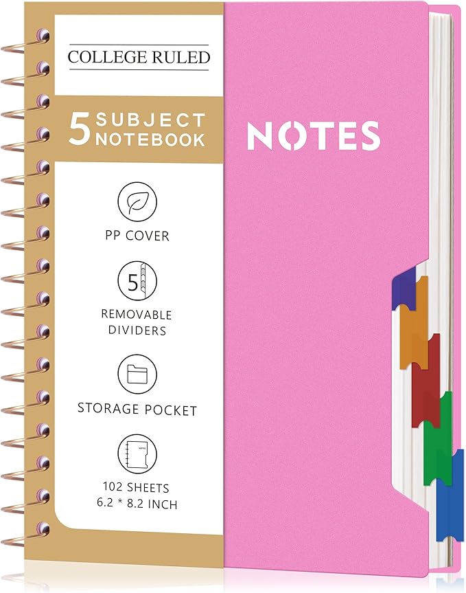 CAGIE Small Spiral Notebooks with Removable Dividers Tabs, 5 Subject Notebook College Ruled, A5 Notebooks for School Work with Plastic Cover, Back Pocket, Spiral Bound, Pink