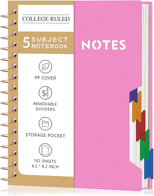 CAGIE Small Spiral Notebooks with Removable Dividers Tabs, 5 Subject Notebook College Ruled, A5 Notebooks for School Work with Plastic Cover, Back Pocket, Spiral Bound, Pink