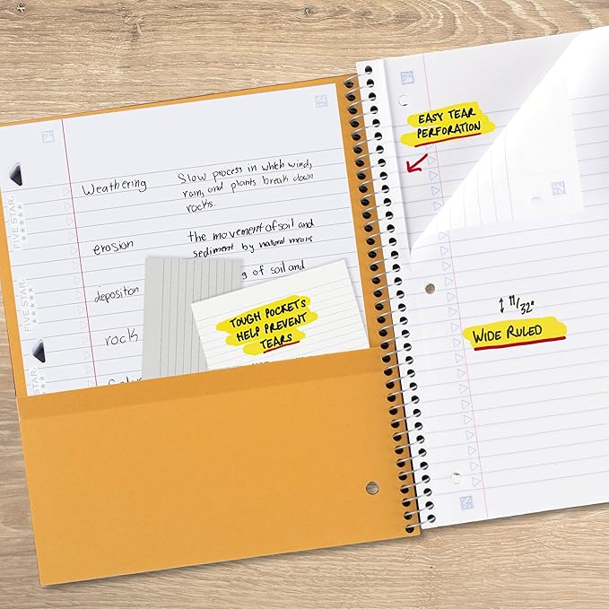 Five Star Spiral Notebook + Study App, 1 Subject, Wide Ruled Paper, 8" x 10.5", 100 Sheets, Green (Color May Vary) (930010CE1)