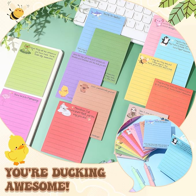 AmazingSpark 12 Pcs Cute Inspirational Sticky Notes, 4 * 3 Motivational Notepads Positive Emotional Support Gift Funny Lined Memo Note Pads for Office Desk Supplies Coworker Employee(Animals)