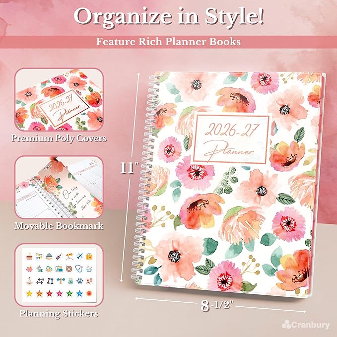 CRANBURY Planner 2026-2027 8.5x11, Academic Year Monthly and Weekly Calendar Planner, Jul 2026 - Jun 2027, Floral Daily Agenda, Monthly Tabs, Movable Bookmark, Stickers
