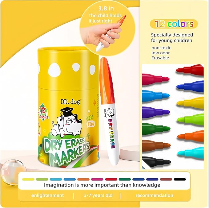 Colorful Mini Whiteboard Markers for Kids, 12 Non-Toxic Fine Tip Dry Erase Markers, Low-Odor Doodling & Drawing Pens, 3.8in Small Art Set for School & Home (12 Pack)