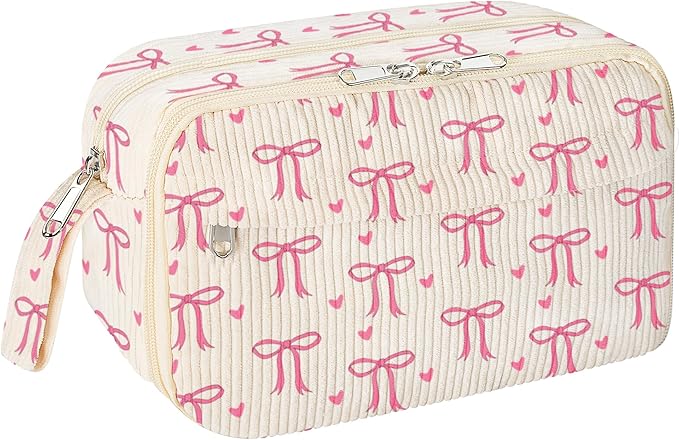 WOBAGMEN Cute Pencil Case,Large Corduroy Zippered Pencil Case Pouch, aesthetic Pencil Bag with Compartments, Pencil Pouch School Supplies (pink bow)