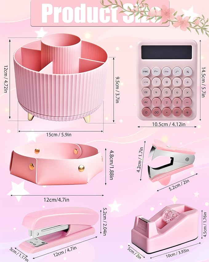 LXEVIHK Pink Desk Accessories, 20Pc Office Supplies and 360°Pen Holder Desk Organizers, With Tape Dispenser, Stapler, Staple Remover, Ect, Let the Color Pink Fill Your Desktop