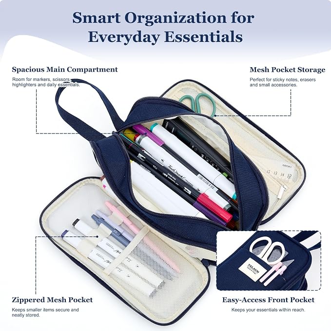 Pencil Case Pouch, Large Capacity Pencil Box Bag, Aesthetic Pen Organizer for School Supplies, Cute Preppy Stuff for Girls Boys Kids, Back to College Stationery, Navy Blue