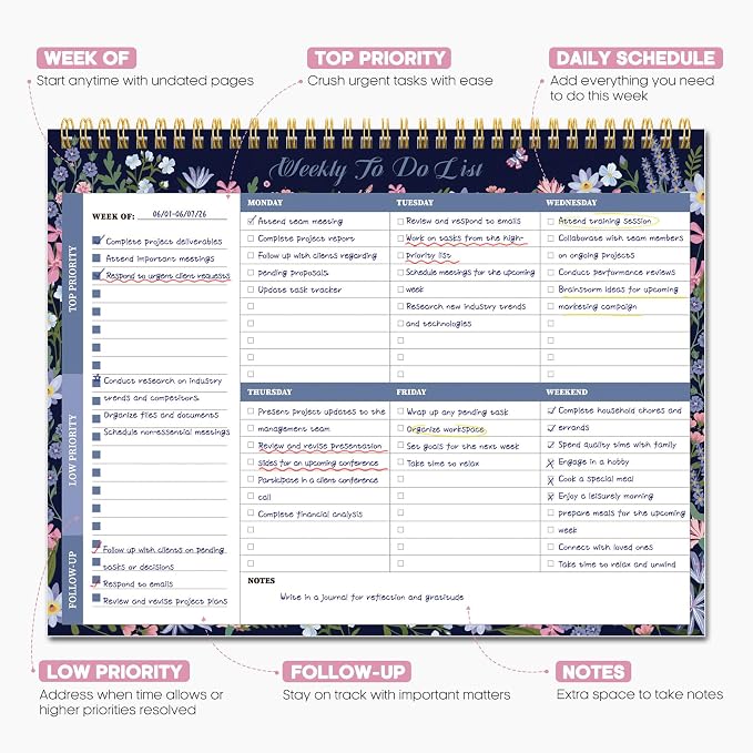 Weekly To Do List Notepad with 52 Undated Sheets（8.5"×11"）- Weekly Desk Planner for Women & Man, Work and Home - Midnight Bloom