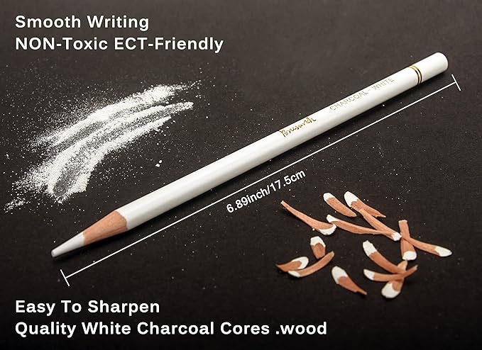 Brusarth White Charcoal Pencils Drawing Set, Professional 6-Piece Sketch, Highlight, Shading, Blending Set for Beginners & Artists