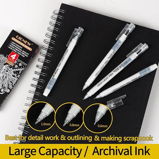 Qionew White Gel Pens,1.0mm,0.8mm,0.6mm Fine Point Assorted Tip, Opaque White Archival Ink Pen for Black Paper Drawing, Sketching, Illustration, Bullet Journaling,4-Pack