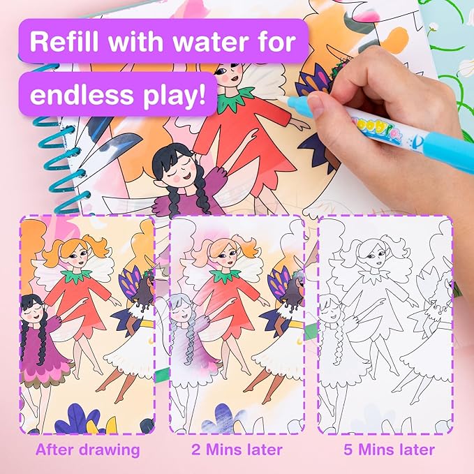 Water Coloring Books for Toddlers 3-5 Years,Mess-Free Painting Water-Reveal Coloring Book, Portable Magic Water Art Pad, Reusable Travel Toys for Road Trips Airplanes, Educational 4 in 1 Creative Set