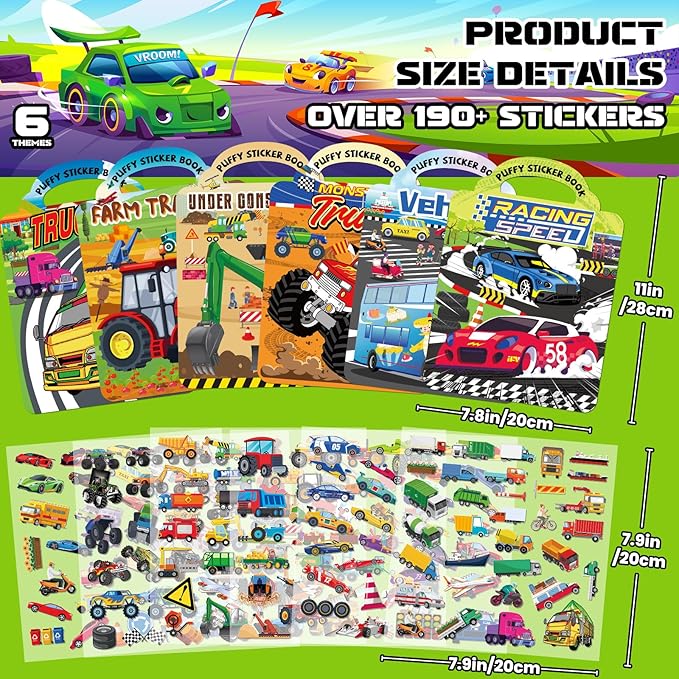 Elfew 6 Pack Car Sticker Books for Toddlers 2-4, Reusable 3D Puffy Vehicle Stickers for Boys 3-5, Construction Trucks Racing Mess Free Activity Set - Road Trip Essentials Birthday Gift