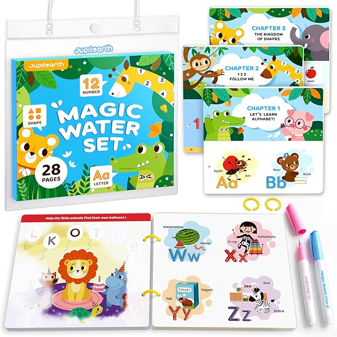JUPITEARTH Mess Free Coloring Book, Reusable Water Painting Book with 2 Refillable Water Pens 28 Pages, Travel Airplane Road Trip Activity for Toddlers