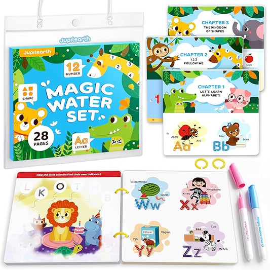 JUPITEARTH Mess Free Coloring Book, Reusable Water Painting Book with 2 Refillable Water Pens 28 Pages, Travel Airplane Road Trip Activity for Toddlers