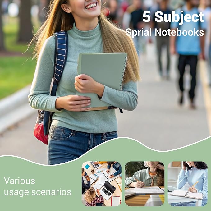 FLYING EAGLE Small Spiral Notebook 5 Subject Notebook Wide Ruled with Dividers Tabs Waterproof Plastic Cover Thick Paper Notebooks for Work School, 7x10 Green