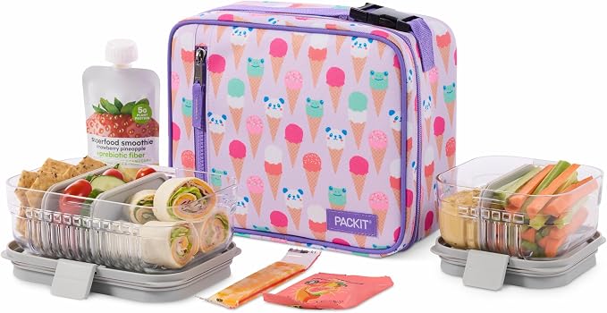 PackIt Freezable Classic Lunch Box, Ice Cream Critters | Built-in ice packs, EcoFreeze+ Technology, Zip Closure, Zip front pocket, Side-release buckle handle, Collapsible, Reusable