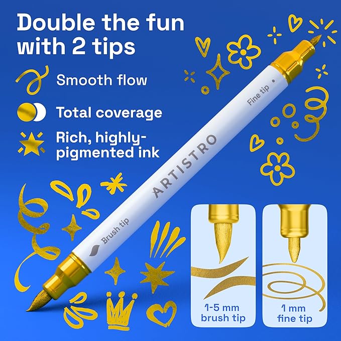 ARTISTRO 12 Gold Acrylic Paint Markers - Paint Pens for Drawing, Brush + Fine Tips - For Fabric, Rock, Glass, Wood, DIY - Art & Craft Supplies for Adults, Teens, Kids - Teacher Appreciation Gift