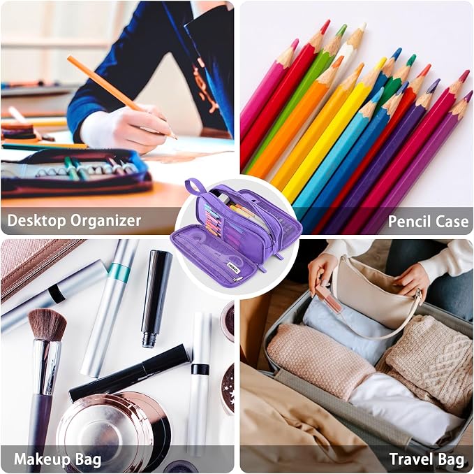 TOPBIDAI Large Pencil Case Pouch for Girls Boy Women Men Adults | Big Capacity Canvas Pencil Bag, Office School Supplies, Multi Compartment Zipper Stationery Pen Box(Full Purple)